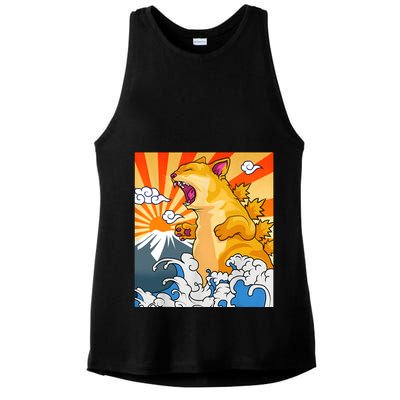 Catzilla Vintage Funny Cute Cat Art Japanese Sunset Kitten Lovers Ladies PosiCharge Tri-Blend Wicking Tank