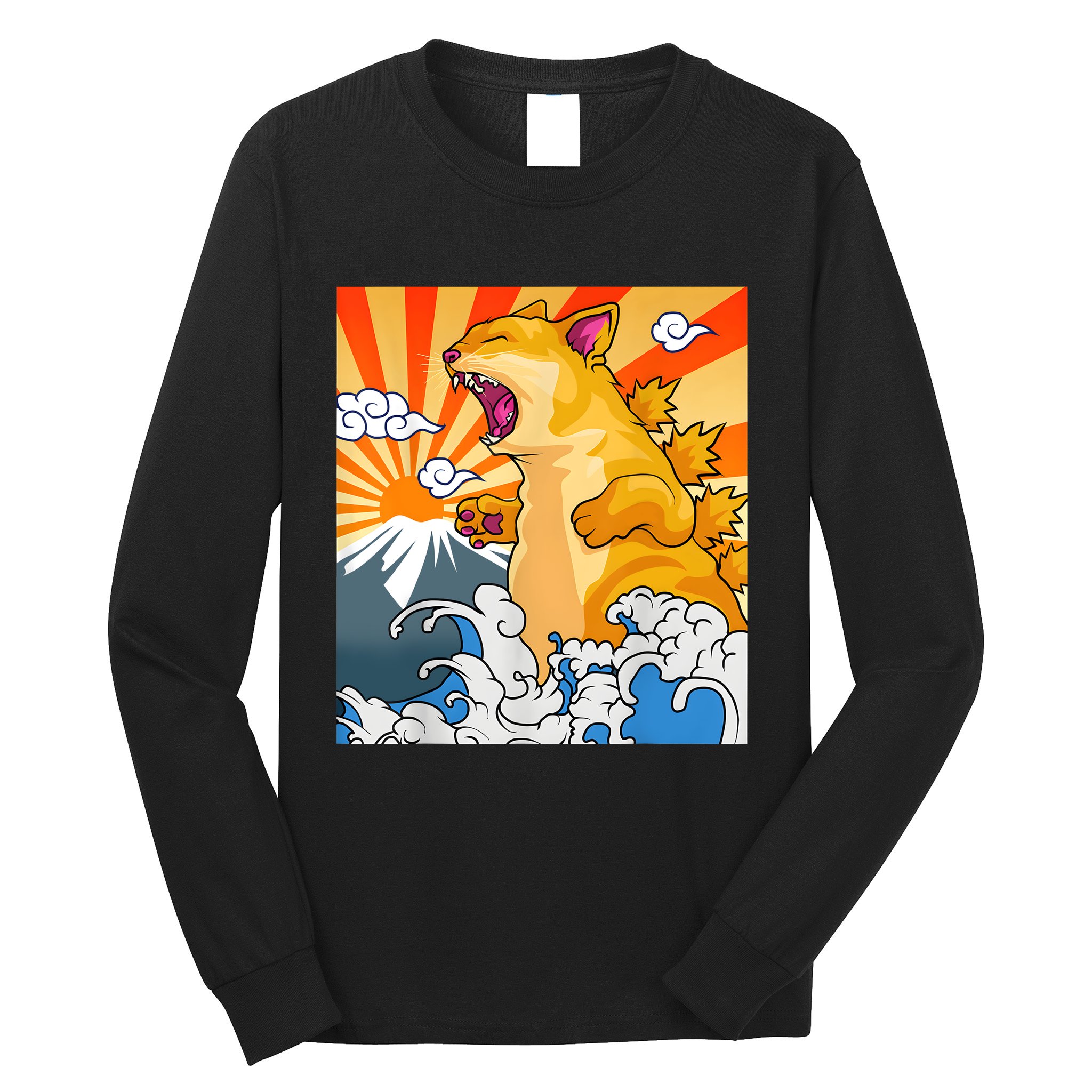 Catzilla Vintage Funny Cute Cat Art Japanese Sunset Kitten Lovers Long Sleeve Shirt