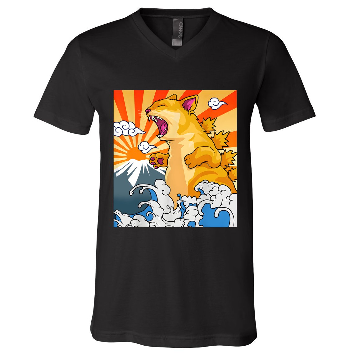 Catzilla Vintage Funny Cute Cat Art Japanese Sunset Kitten Lovers V-Neck T-Shirt