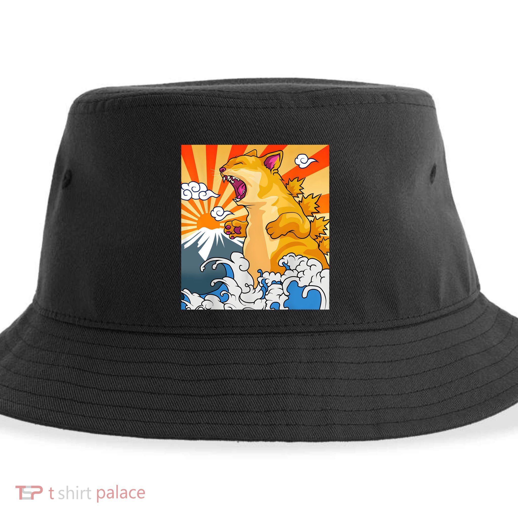 Catzilla Vintage Funny Cute Cat Art Japanese Sunset Kitten Lovers Sustainable Bucket Hat