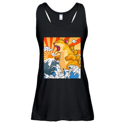 Catzilla Vintage Funny Cute Cat Art Japanese Sunset Kitten Lovers Ladies Essential Flowy Tank