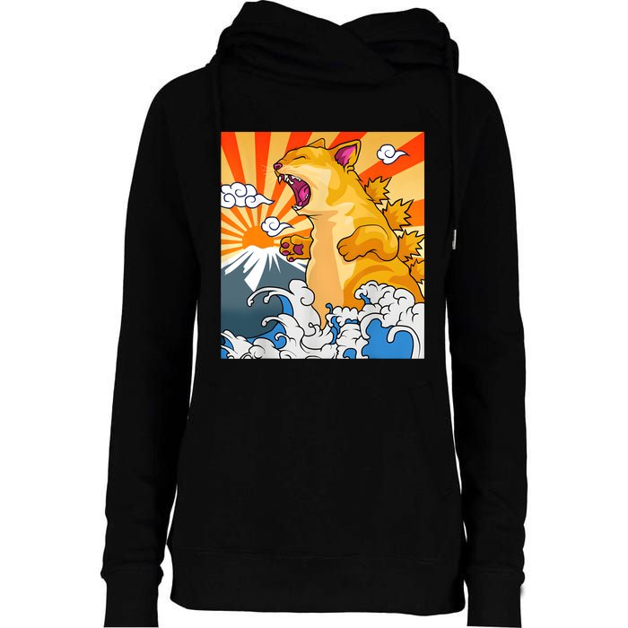 Catzilla Vintage Funny Cute Cat Art Japanese Sunset Kitten Lovers Womens Funnel Neck Pullover Hood