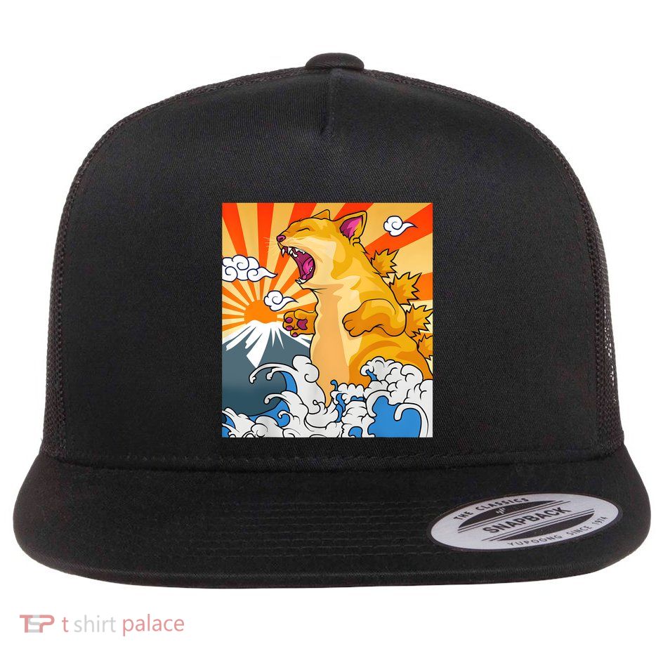 Catzilla Vintage Funny Cute Cat Art Japanese Sunset Kitten Lovers Flatbill Hat