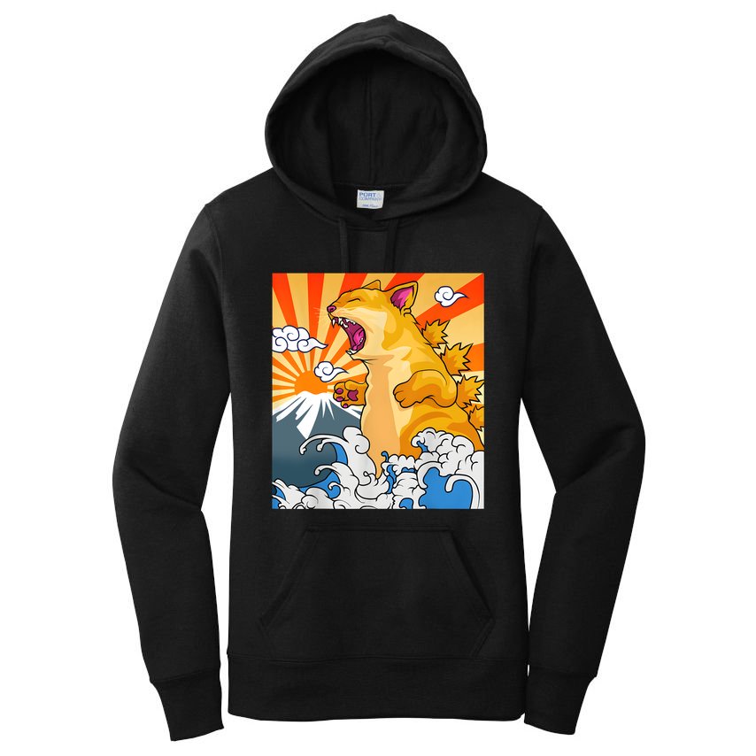 Catzilla Vintage Funny Cute Cat Art Japanese Sunset Kitten Lovers Women's Pullover Hoodie