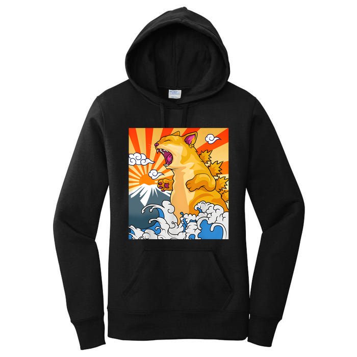 Catzilla Vintage Funny Cute Cat Art Japanese Sunset Kitten Lovers Women's Pullover Hoodie