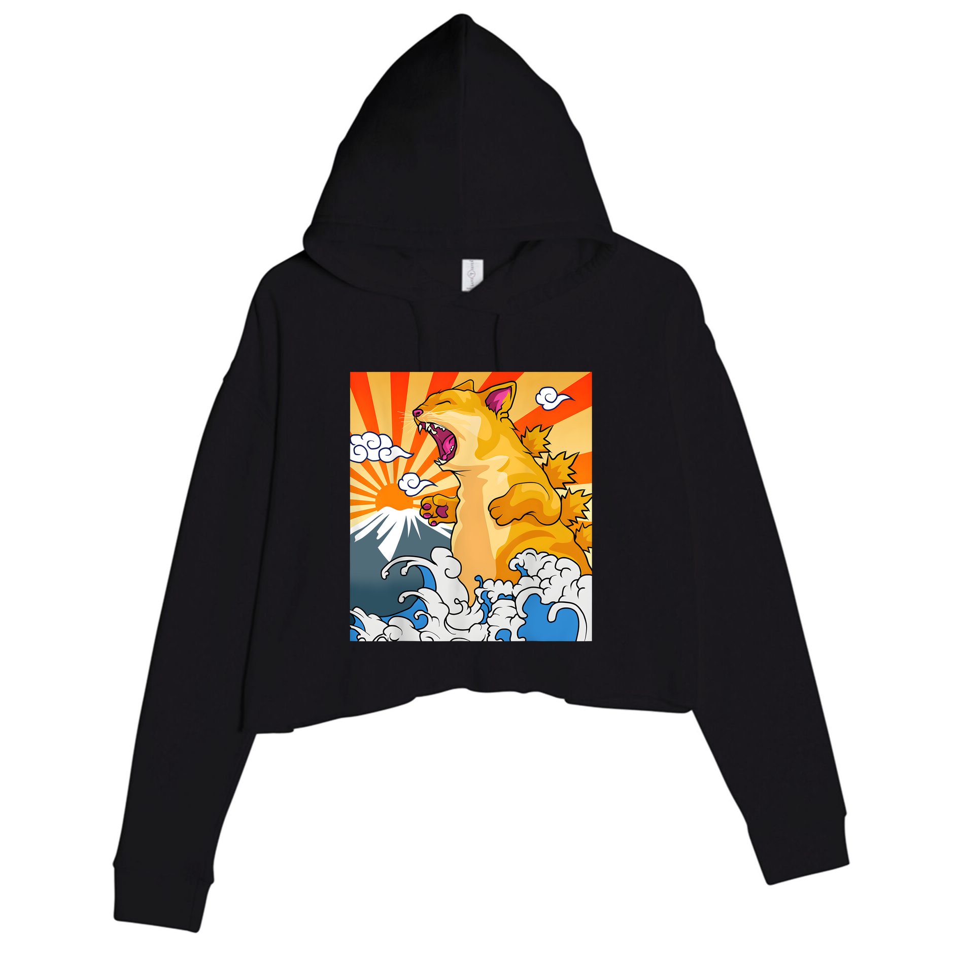 Catzilla Vintage Funny Cute Cat Art Japanese Sunset Kitten Lovers Crop Fleece Hoodie