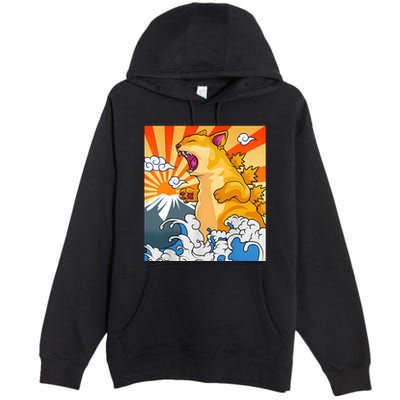Catzilla Vintage Funny Cute Cat Art Japanese Sunset Kitten Lovers Premium Pullover Hoodie