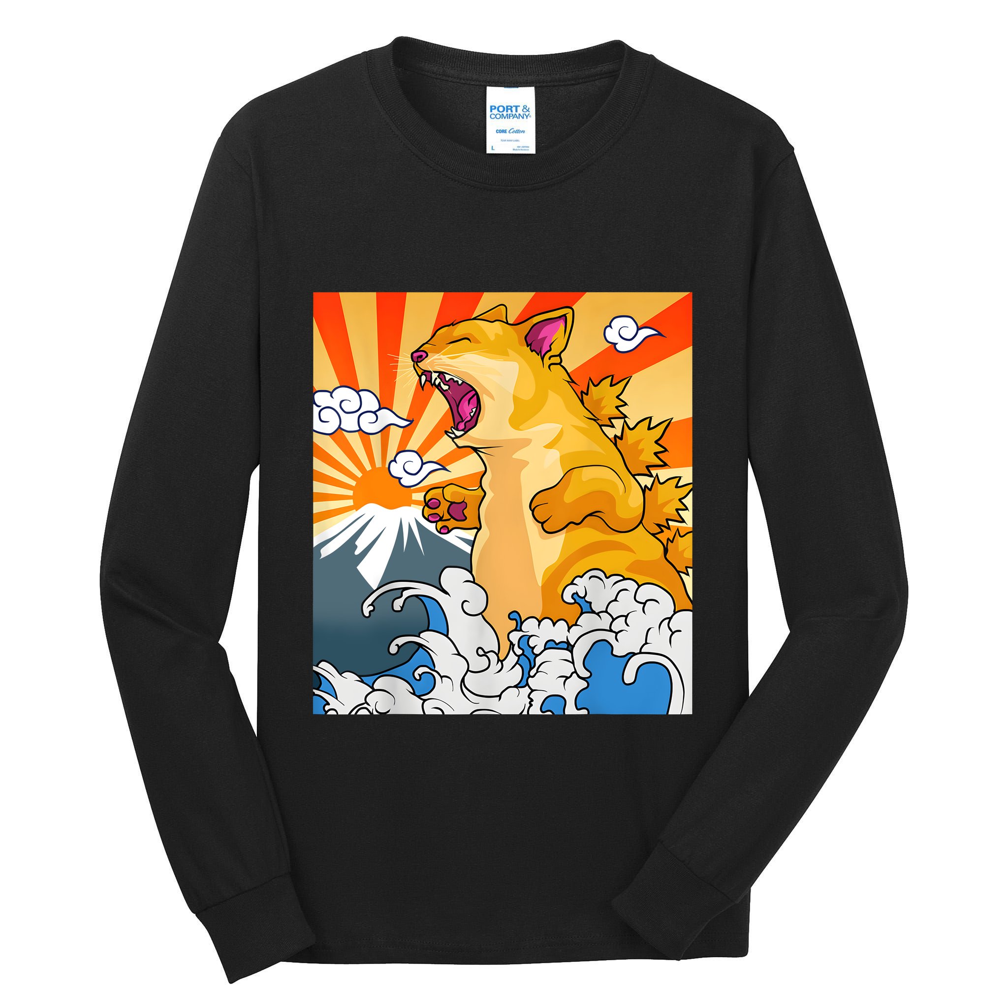 Catzilla Vintage Funny Cute Cat Art Japanese Sunset Kitten Lovers Tall Long Sleeve T-Shirt