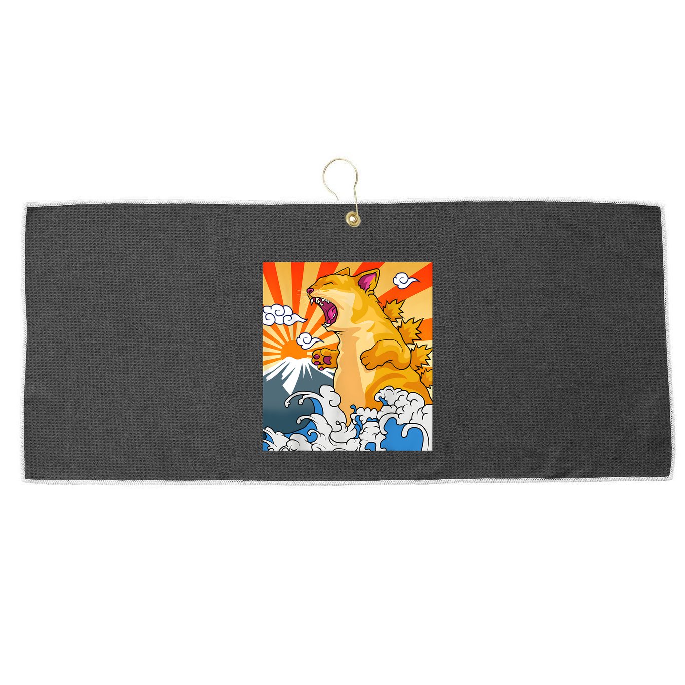 Catzilla Vintage Funny Cute Cat Art Japanese Sunset Kitten Lovers Large Microfiber Waffle Golf Towel