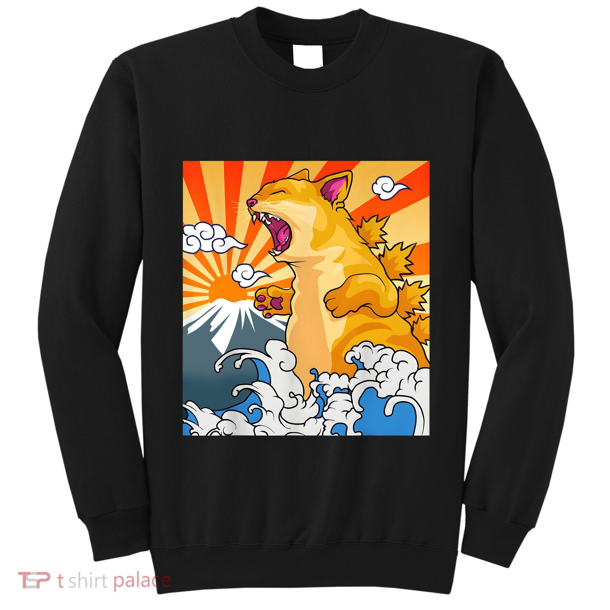 Catzilla Vintage Funny Cute Cat Art Japanese Sunset Kitten Lovers Tall Sweatshirt