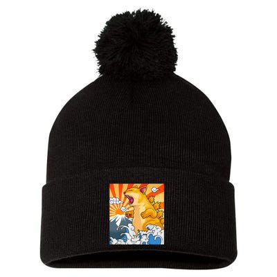 Catzilla Vintage Funny Cute Cat Art Japanese Sunset Kitten Lovers Pom Pom 12in Knit Beanie
