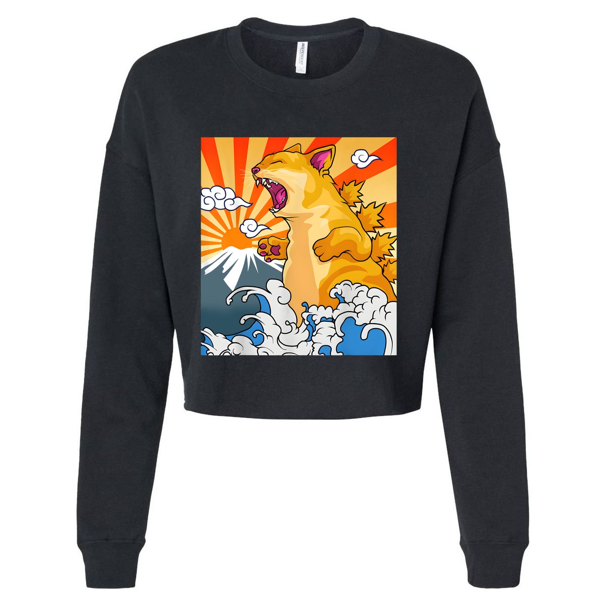 Catzilla Vintage Funny Cute Cat Art Japanese Sunset Kitten Lovers Cropped Pullover Crew