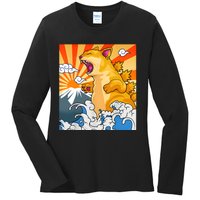 Catzilla Vintage Funny Cute Cat Art Japanese Sunset Kitten Lovers Ladies Long Sleeve Shirt