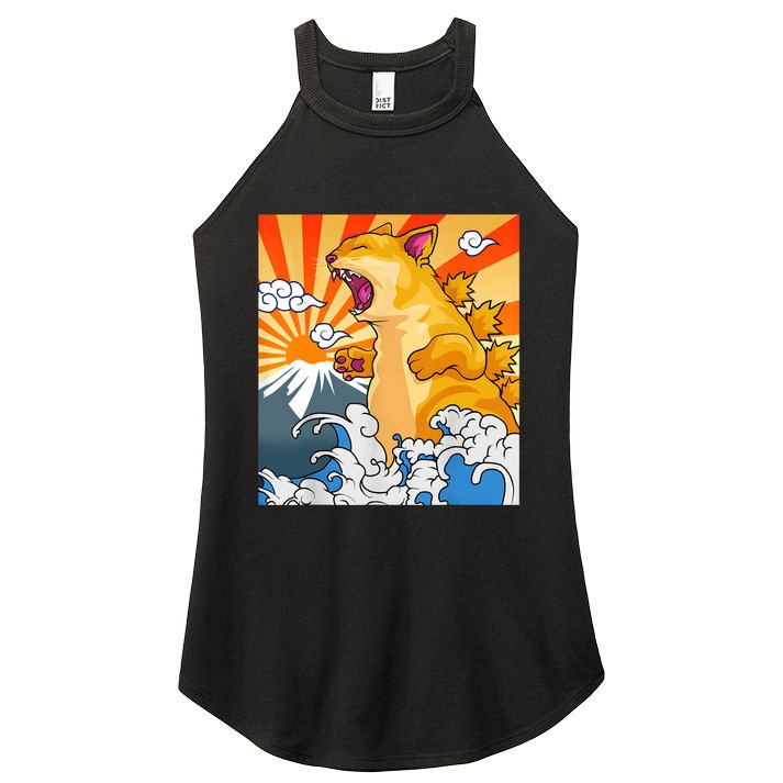 Catzilla Vintage Funny Cute Cat Art Japanese Sunset Kitten Lovers Women's Perfect Tri Rocker Tank