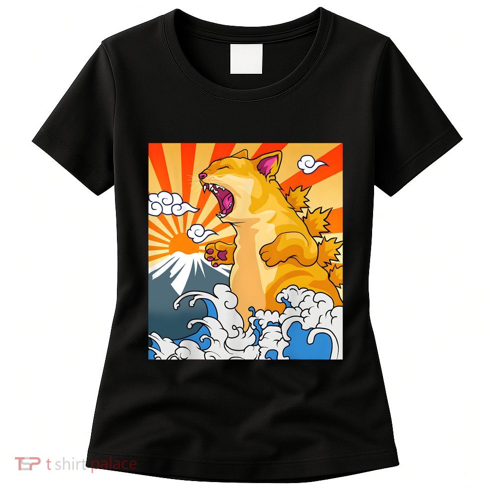 Catzilla Vintage Funny Cute Cat Art Japanese Sunset Kitten Lovers Womens T-Shirt