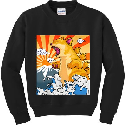 Catzilla Vintage Funny Cute Cat Art Japanese Sunset Kitten Lovers Kids Sweatshirt