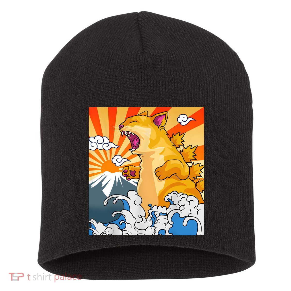 Catzilla Vintage Funny Cute Cat Art Japanese Sunset Kitten Lovers Short Acrylic Beanie