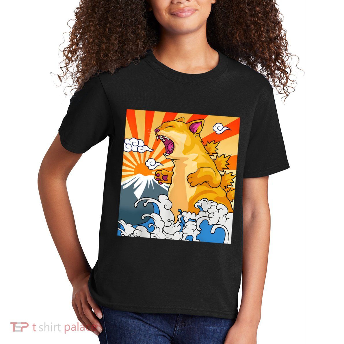 Catzilla Vintage Funny Cute Cat Art Japanese Sunset Kitten Lovers Kids T-Shirt