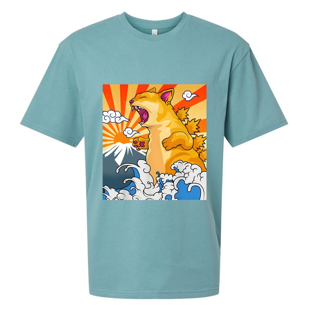 Catzilla Vintage Funny Cute Cat Art Japanese Sunset Kitten Lovers Sueded Cloud Jersey T-Shirt