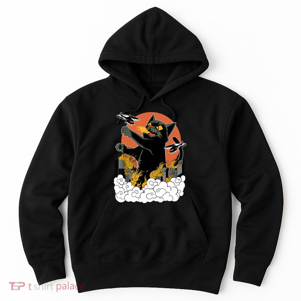 Catzilla Vintage Funny Cute Cat Art Japanese Sunset Kitten Lovers Hoodie
