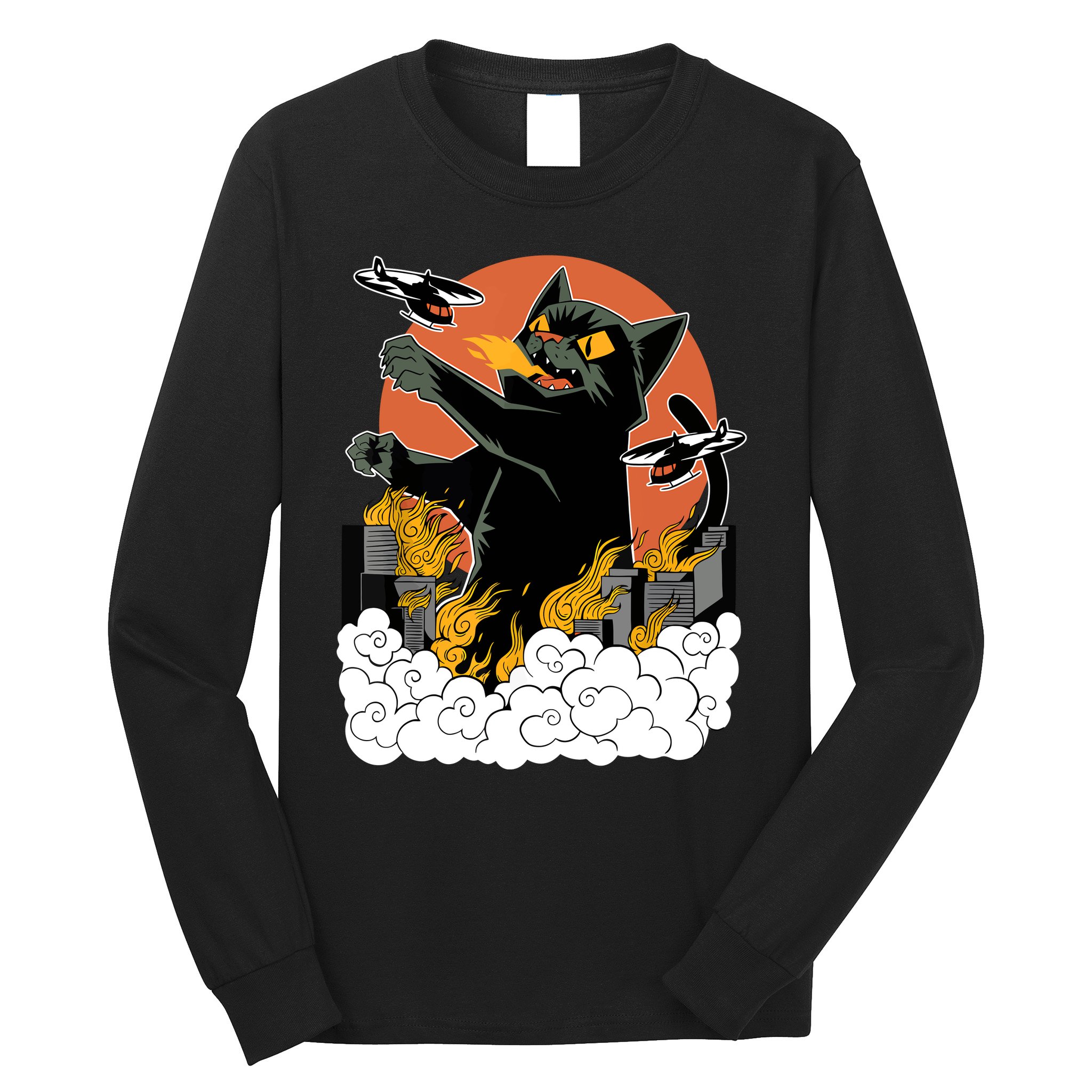 Catzilla Vintage Funny Cute Cat Art Japanese Sunset Kitten Lovers Long Sleeve Shirt
