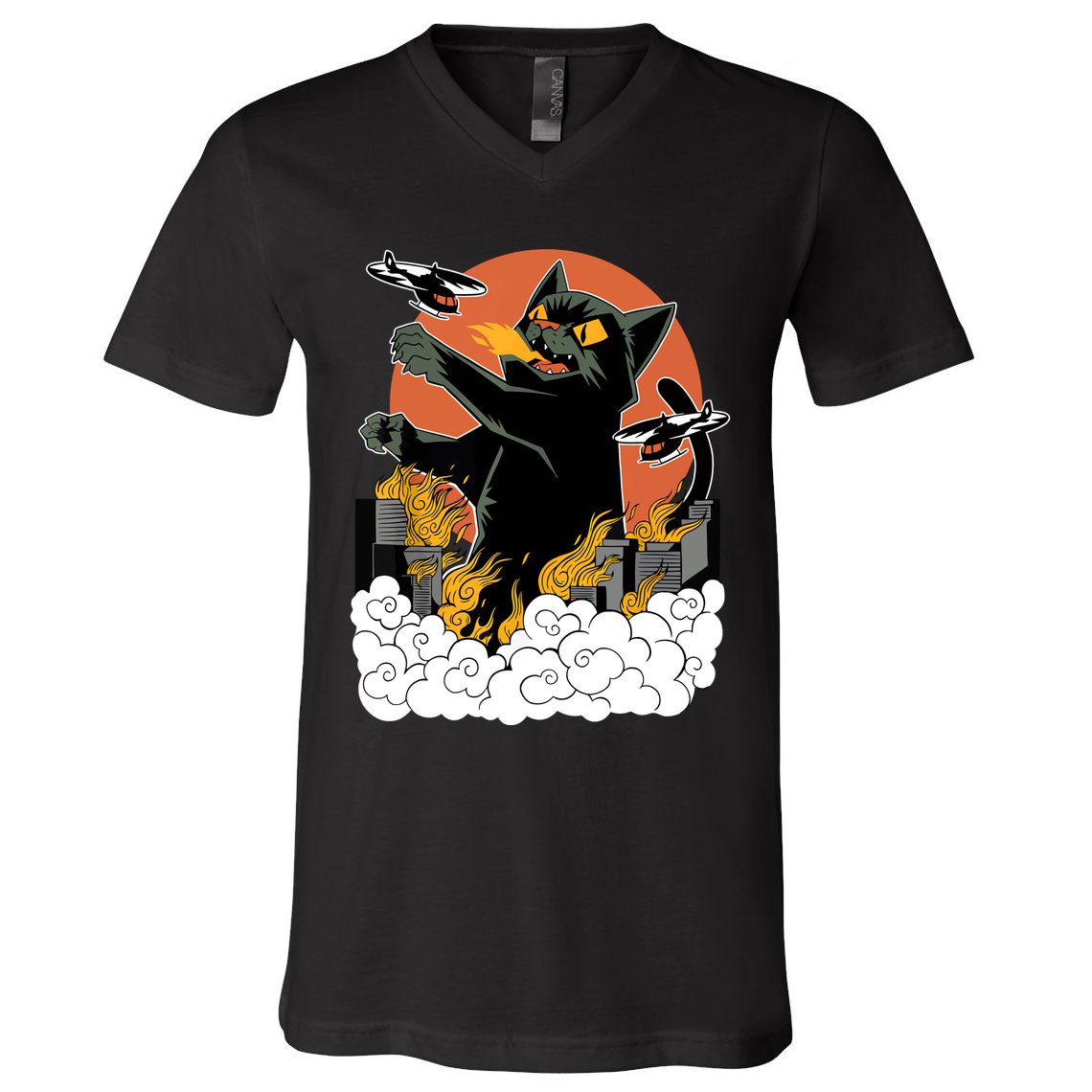Catzilla Vintage Funny Cute Cat Art Japanese Sunset Kitten Lovers V-Neck T-Shirt