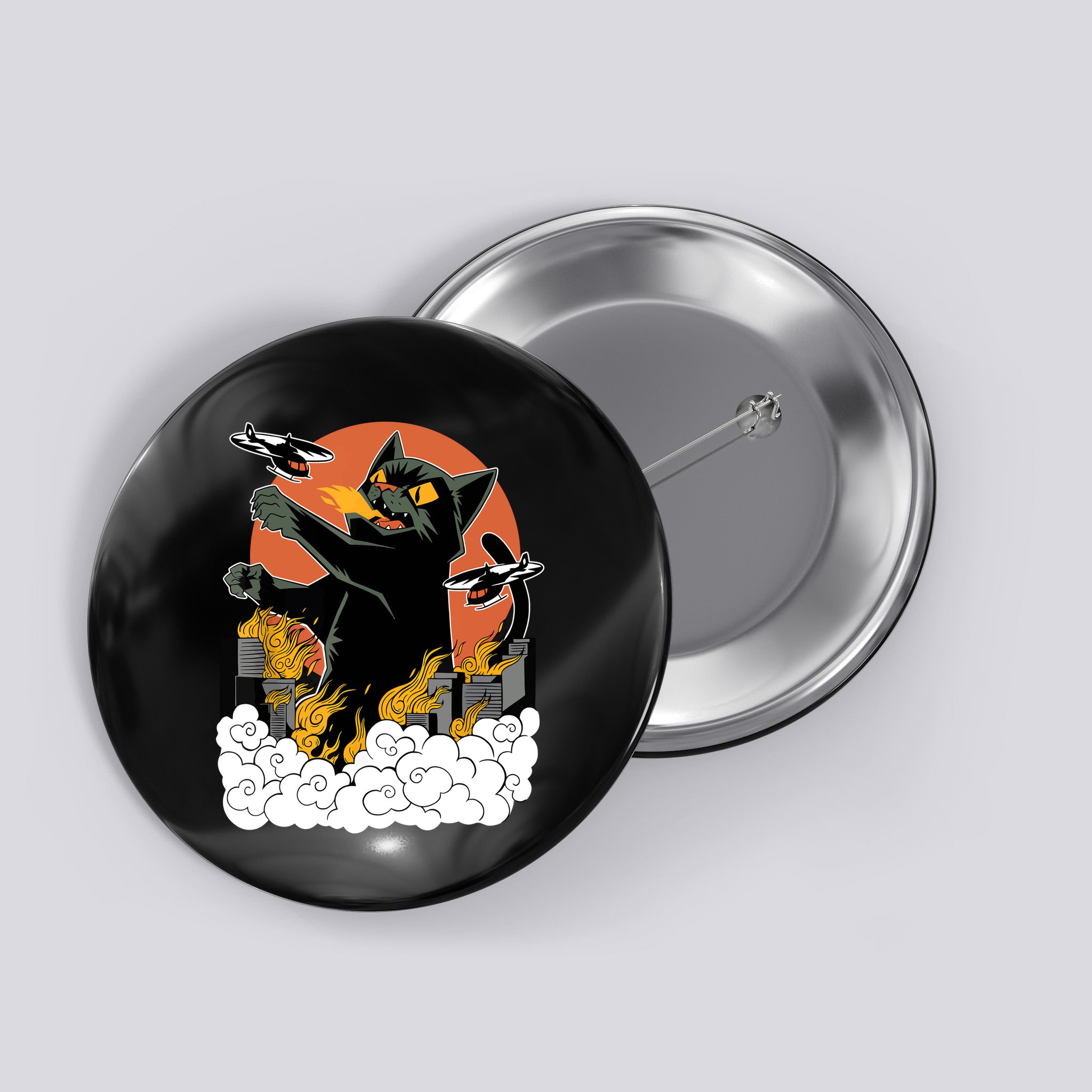 Catzilla Vintage Funny Cute Cat Art Japanese Sunset Kitten Lovers Button