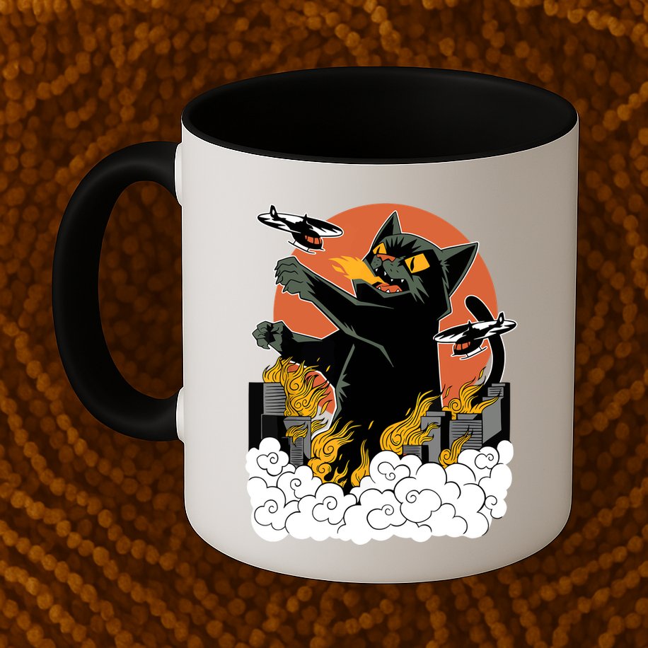 Catzilla Vintage Funny Cute Cat Art Japanese Sunset Kitten Lovers Mug