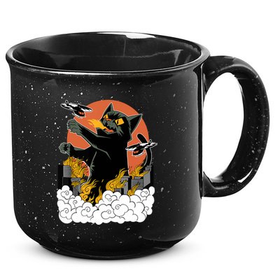 Catzilla Vintage Funny Cute Cat Art Japanese Sunset Kitten Lovers 15oz Campfire Ceramic Mug