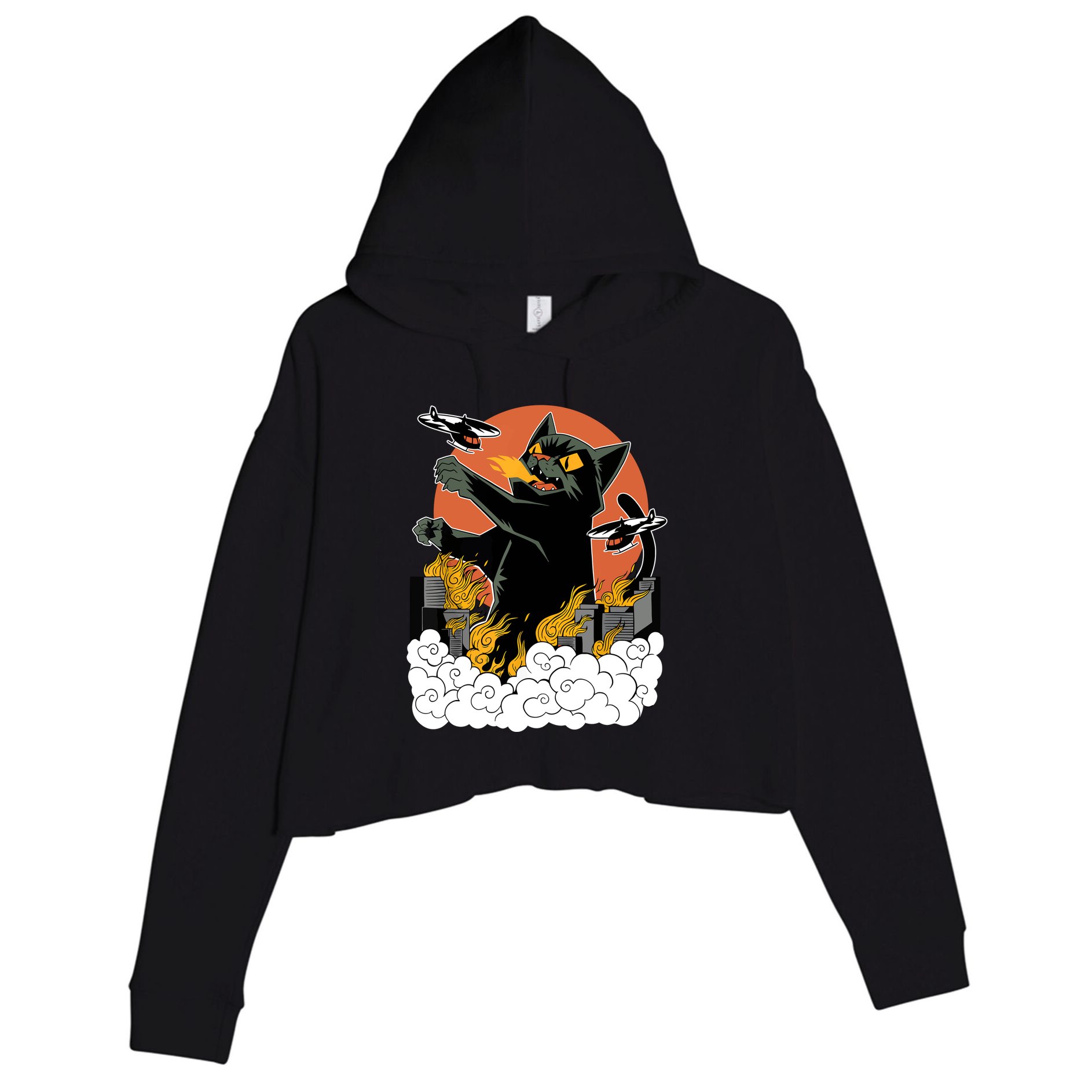 Catzilla Vintage Funny Cute Cat Art Japanese Sunset Kitten Lovers Crop Fleece Hoodie