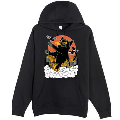 Catzilla Vintage Funny Cute Cat Art Japanese Sunset Kitten Lovers Premium Pullover Hoodie