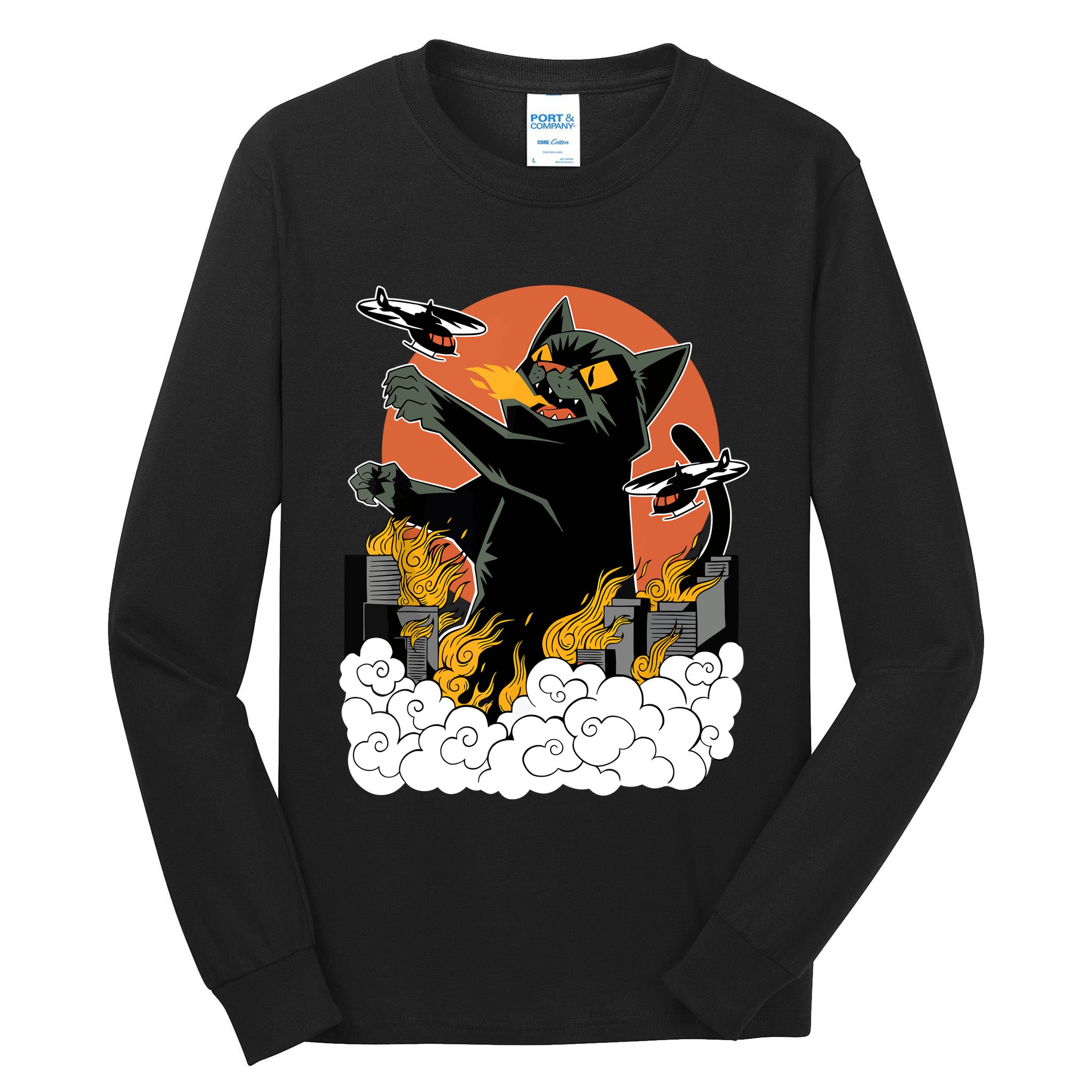 Catzilla Vintage Funny Cute Cat Art Japanese Sunset Kitten Lovers Tall Long Sleeve T-Shirt
