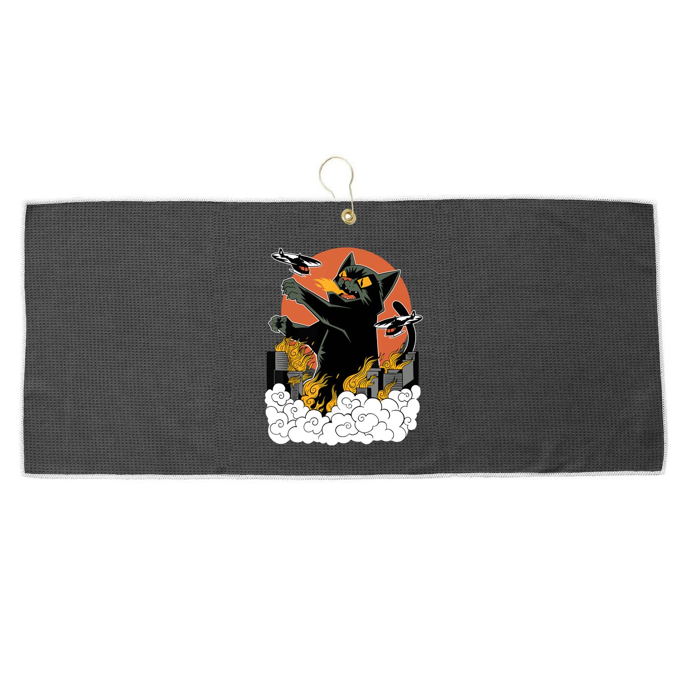 Catzilla Vintage Funny Cute Cat Art Japanese Sunset Kitten Lovers Large Microfiber Waffle Golf Towel