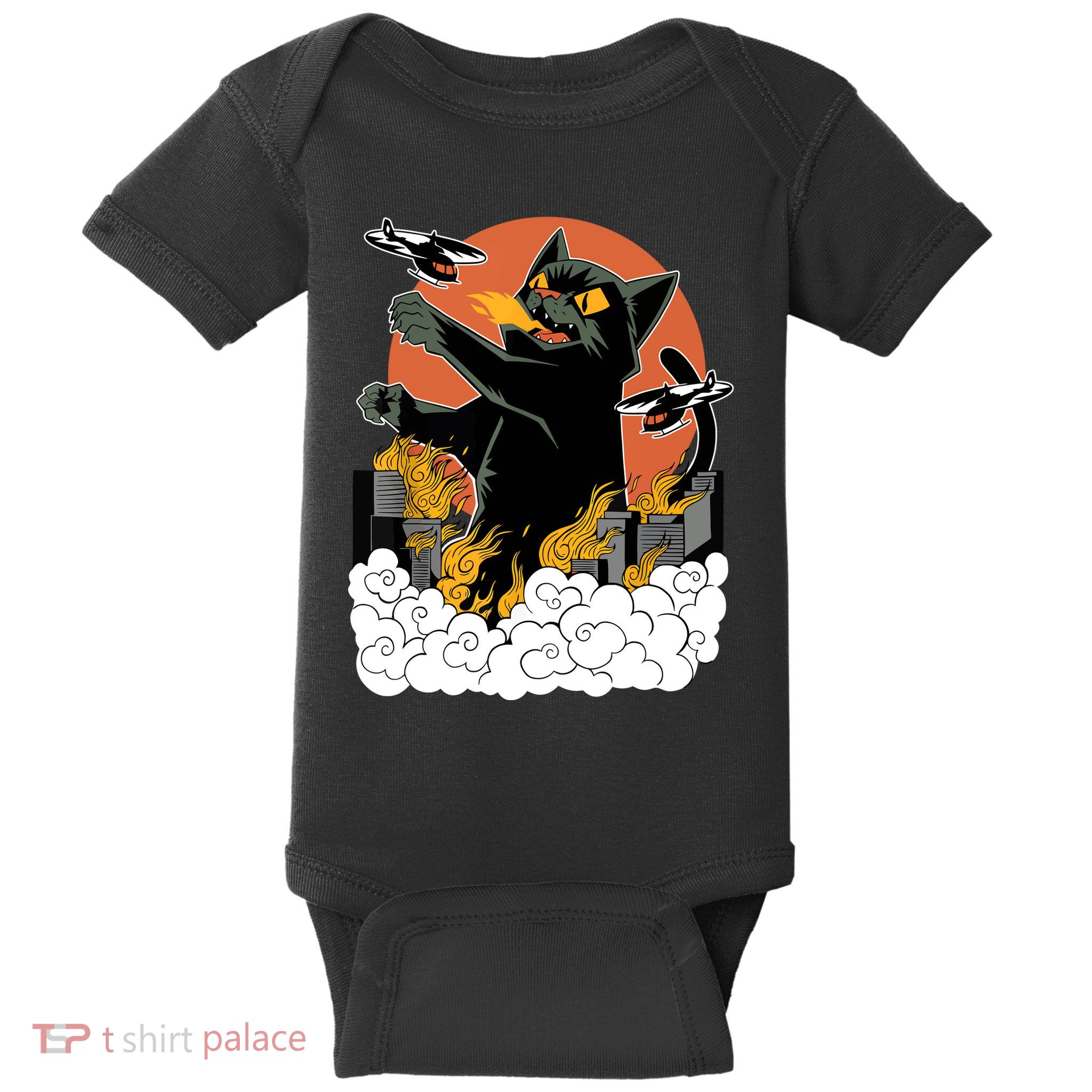 Catzilla Vintage Funny Cute Cat Art Japanese Sunset Kitten Lovers Baby Bodysuit