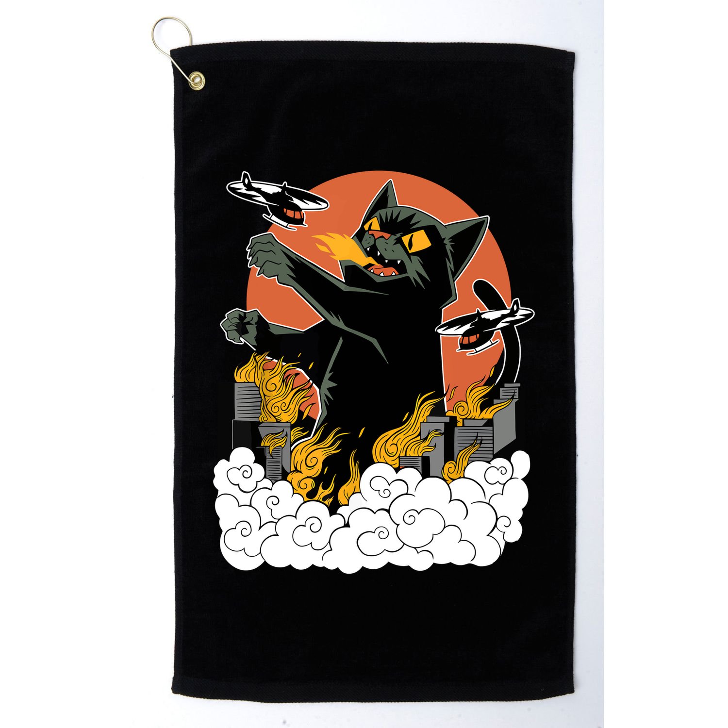 Catzilla Vintage Funny Cute Cat Art Japanese Sunset Kitten Lovers Golf Towel
