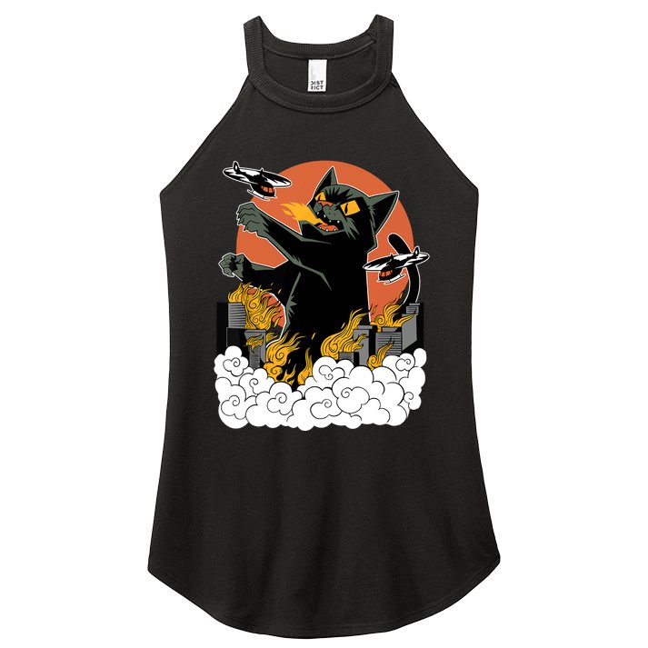 Catzilla Vintage Funny Cute Cat Art Japanese Sunset Kitten Lovers Women's Perfect Tri Rocker Tank