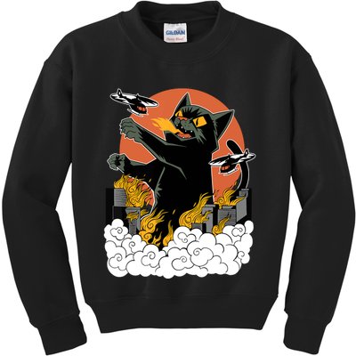 Catzilla Vintage Funny Cute Cat Art Japanese Sunset Kitten Lovers Kids Sweatshirt
