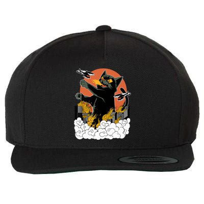 Catzilla Vintage Funny Cute Cat Art Japanese Sunset Kitten Lovers Wool Snapback Cap