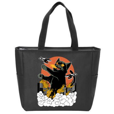 Catzilla Vintage Funny Cute Cat Art Japanese Sunset Kitten Lovers Zip Tote Bag