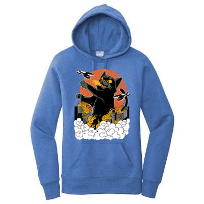 Catzilla Vintage Funny Cute Cat Art Japanese Sunset Kitten Lovers Women's Pullover Hoodie