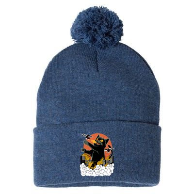 Catzilla Vintage Funny Cute Cat Art Japanese Sunset Kitten Lovers Pom Pom 12in Knit Beanie
