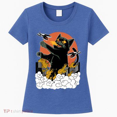 Catzilla Vintage Funny Cute Cat Art Japanese Sunset Kitten Lovers Womens T-Shirt