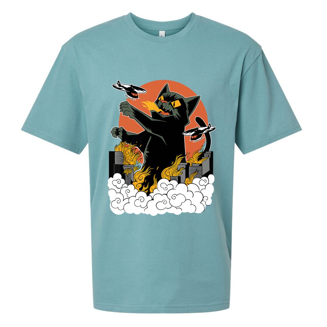 Catzilla Vintage Funny Cute Cat Art Japanese Sunset Kitten Lovers Sueded Cloud Jersey T-Shirt