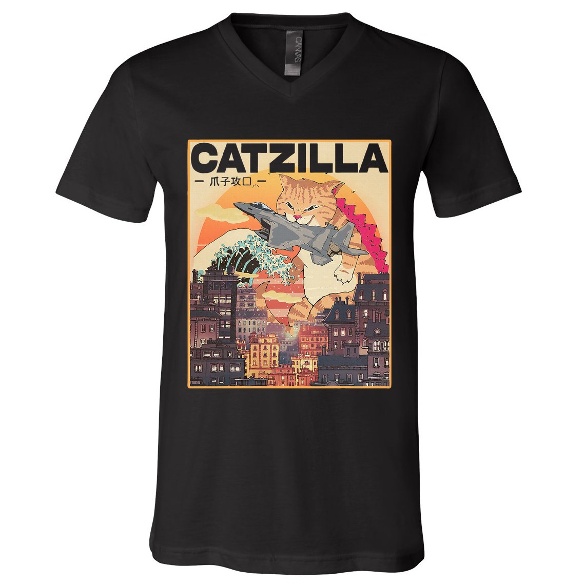 Catzilla Vintage Funny Cute Cat Art Japanese Sunset V-Neck T-Shirt