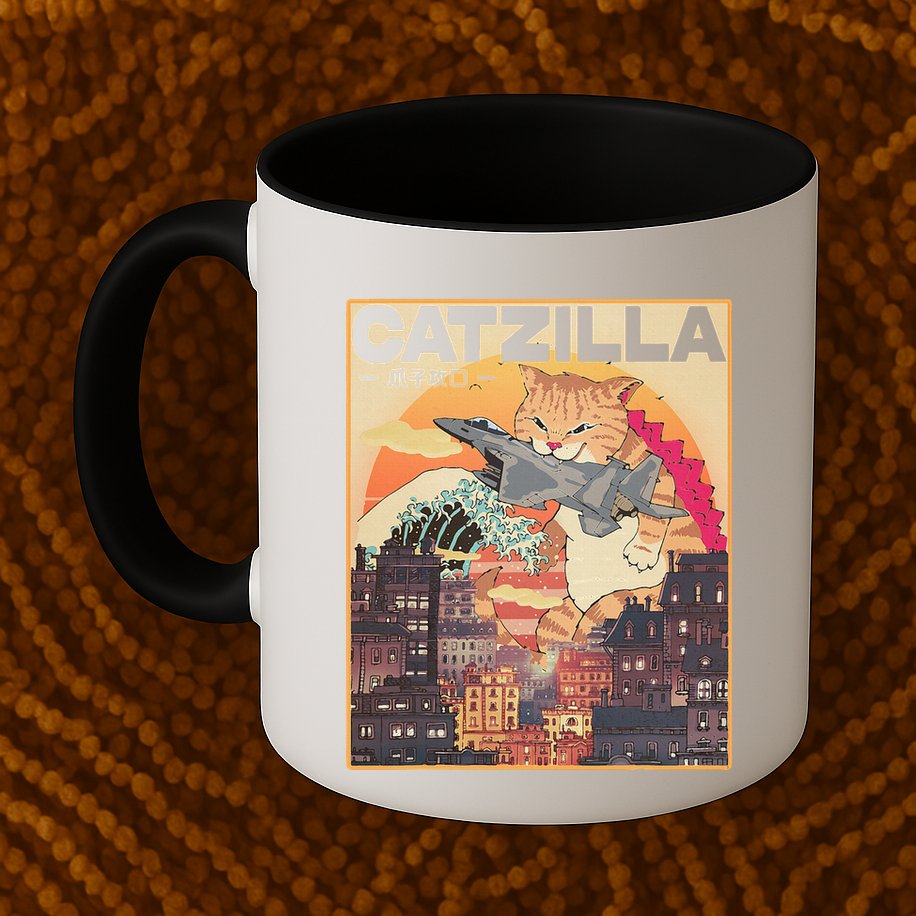 Catzilla Vintage Funny Cute Cat Art Japanese Sunset Mug