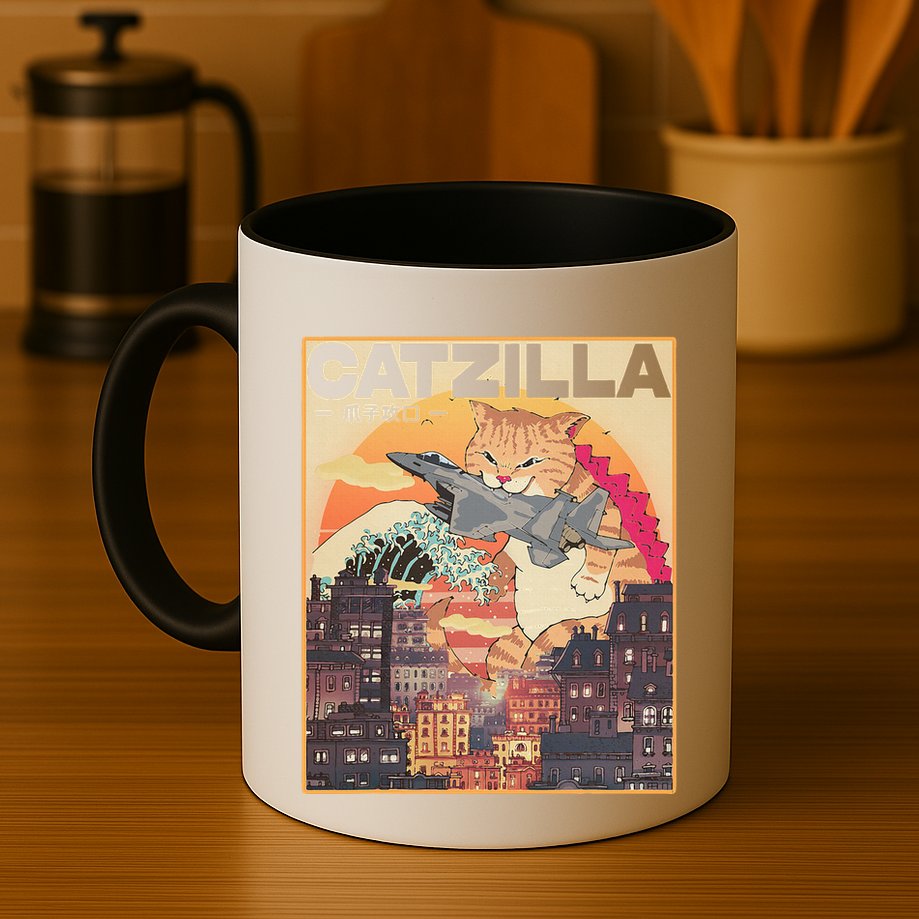 Catzilla Vintage Funny Cute Cat Art Japanese Sunset Mug