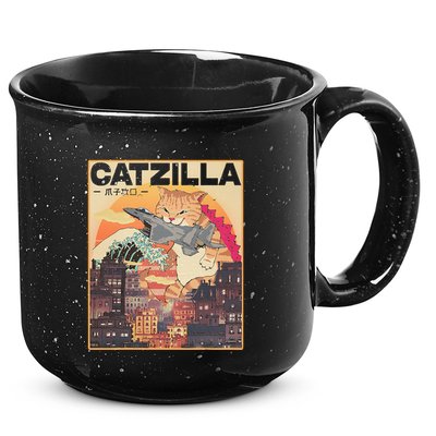 Catzilla Vintage Funny Cute Cat Art Japanese Sunset 15oz Campfire Ceramic Mug