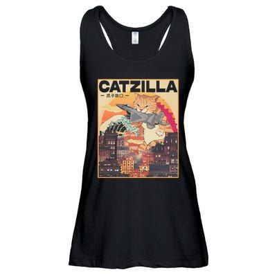 Catzilla Vintage Funny Cute Cat Art Japanese Sunset Ladies Essential Flowy Tank