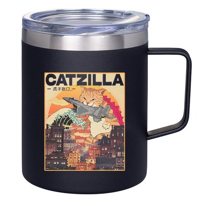 Catzilla Vintage Funny Cute Cat Art Japanese Sunset 12oz Stainless Steel Coffee Mug
