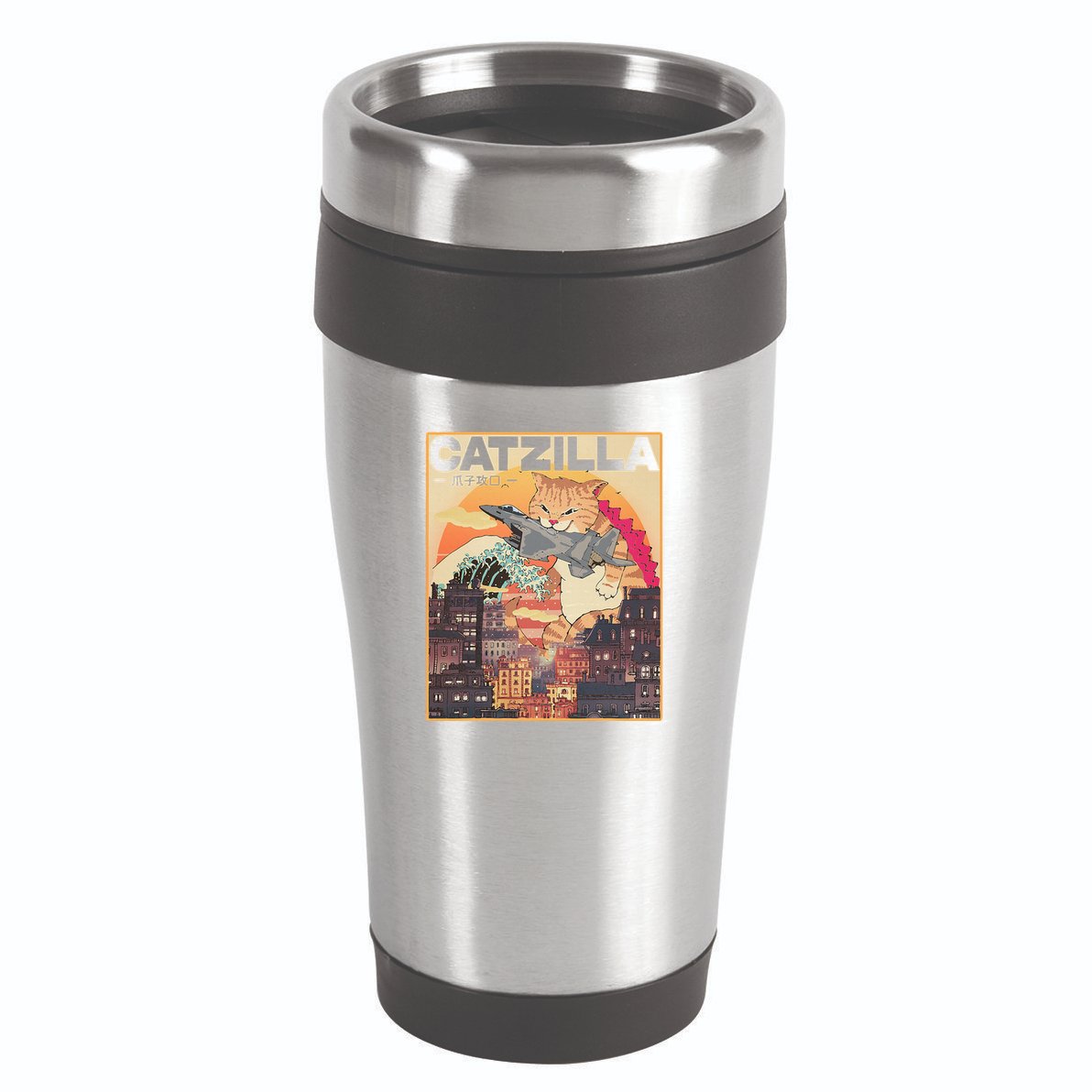Catzilla Vintage Funny Cute Cat Art Japanese Sunset 16oz Travel Tumbler